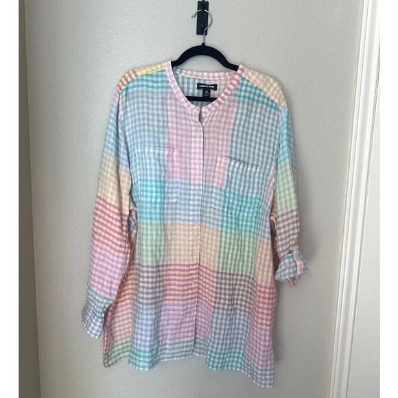 Lands' End rainbow plaid linen convertible sleeve button up shirt, size 3X - Picture 1 of 7